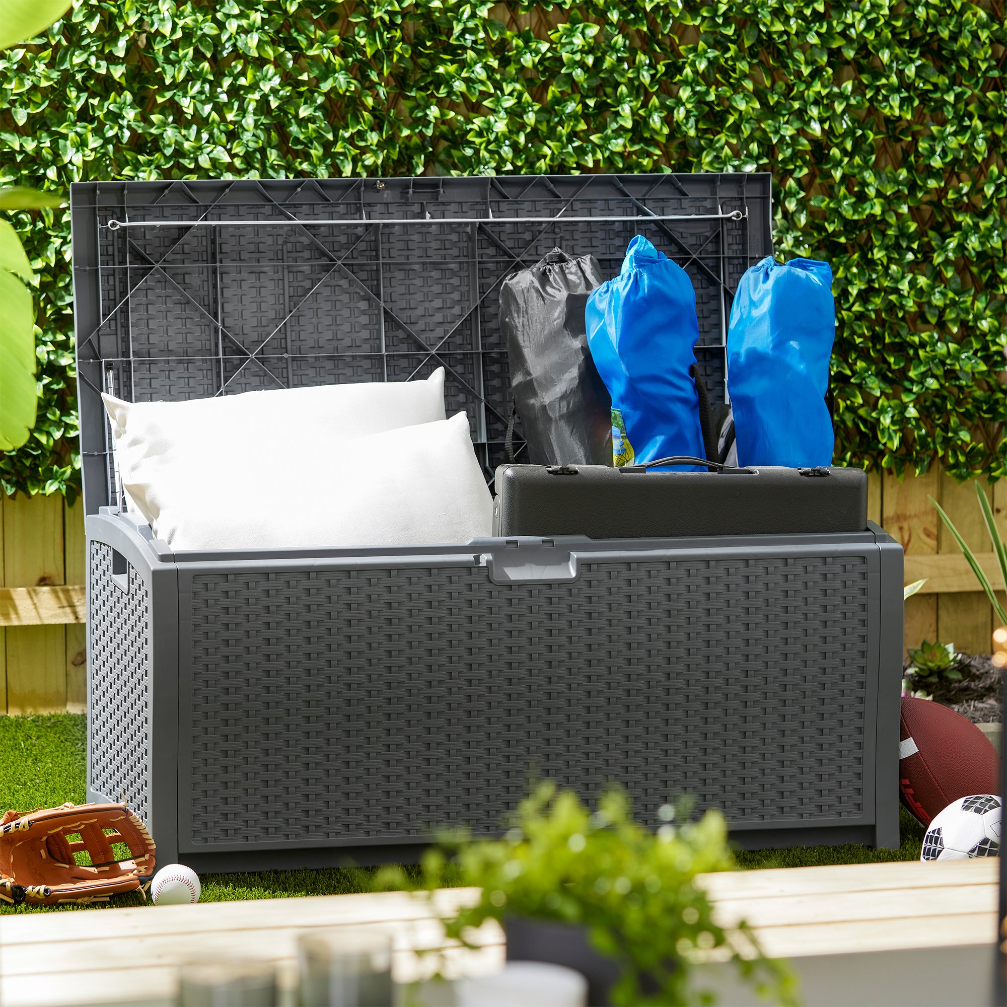 Suncast 73 Gallon Wicker Outdoor Patio Storage Deck Box, Cyberspace (2 Pack) - VMInnovations