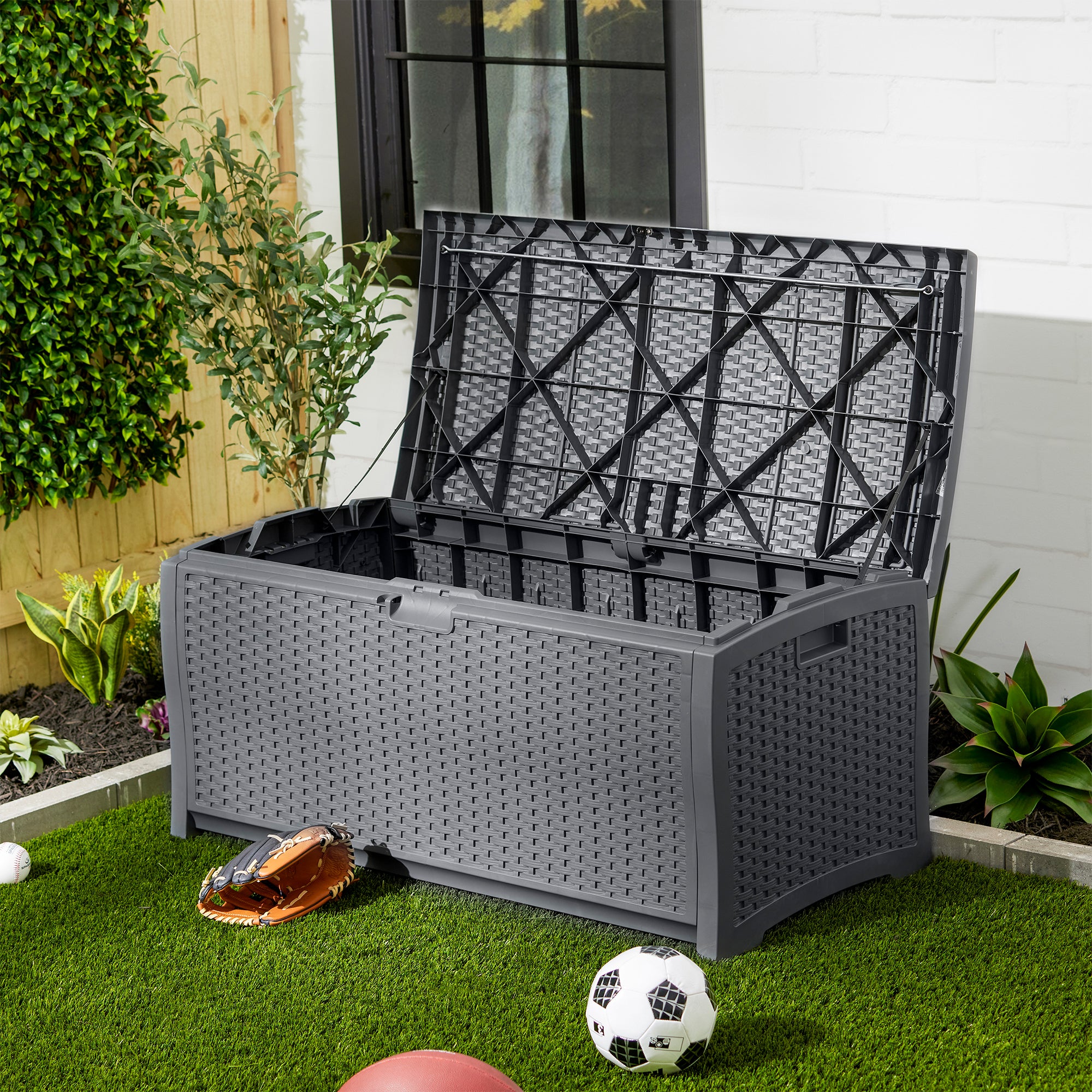 Suncast 73 Gallon Wicker Outdoor Patio Storage Deck Box, Cyberspace (2 Pack) - VMInnovations
