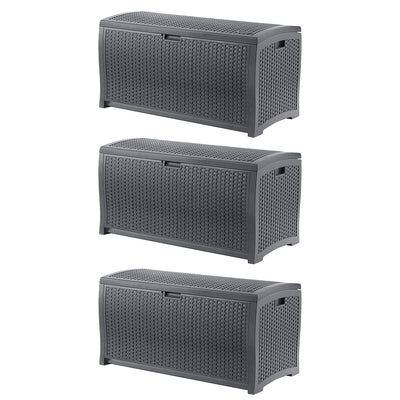 Suncast 73 Gallon Wicker Outdoor Patio Storage Deck Box, Cyberspace (3 Pack)