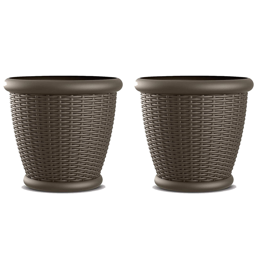 Suncast Willow 18" Diameter Decorative Wicker Patio Planter Pot, Java (2 Pack)