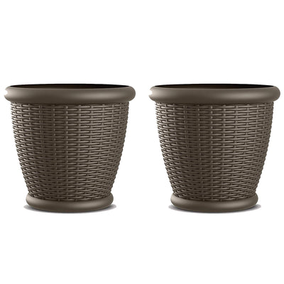 Suncast Willow 18" Diameter Decorative Wicker Patio Planter Pot, Java (2 Pack) - VMInnovations