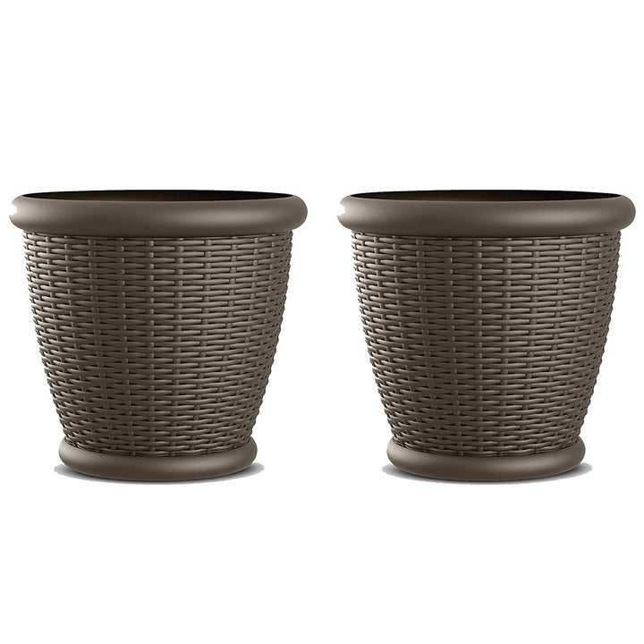 Suncast Willow 18" Diameter Decorative Wicker Patio Planter Pot, Java (2 Pack)