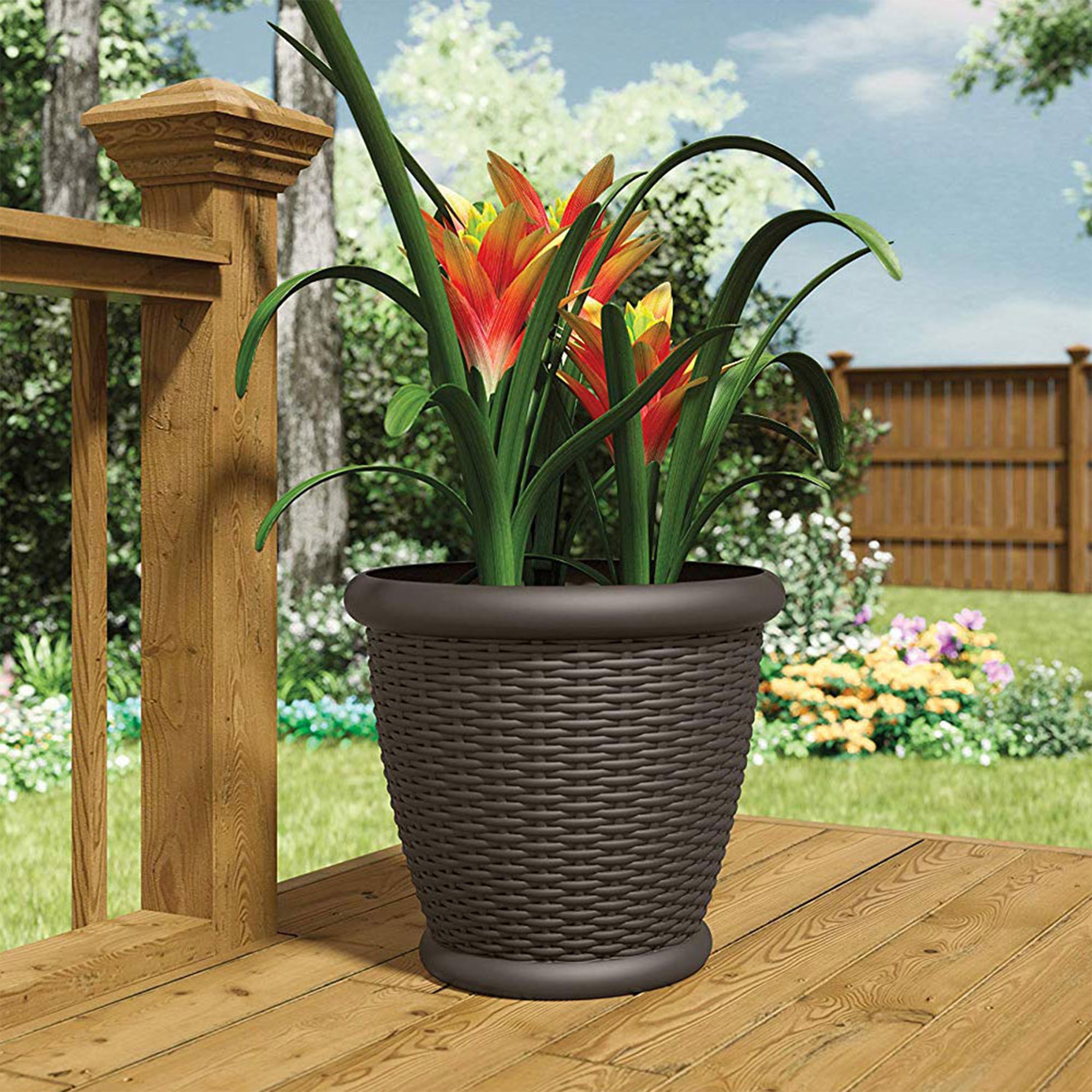Suncast Willow 18" Diameter Decorative Wicker Patio Planter Pot, Java (2 Pack) - VMInnovations