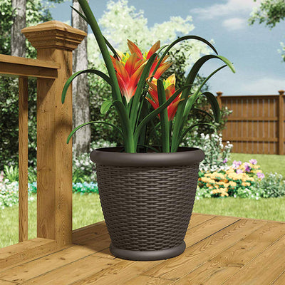 Suncast Willow 18" Diameter Decorative Wicker Patio Planter Pot, Java (2 Pack) - VMInnovations