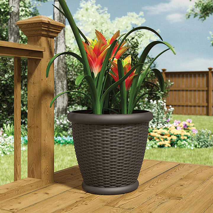 Suncast Willow 18" Diameter Decorative Wicker Patio Planter Pot, Java (2 Pack)