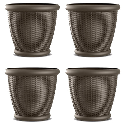 Suncast Willow 18" Diameter Decorative Wicker Patio Planter Pot, Java (4 Pack) - VMInnovations