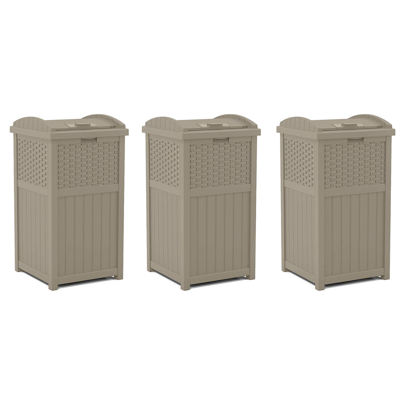 Suncast Wicker Plastic Hideaway Trash Can with Latching Lid, Dark Taupe (3 Pack)