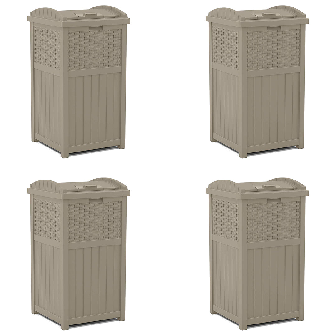 Suncast Wicker Plastic Hideaway Trash Can with Latching Lid, Dark Taupe (4 Pack)