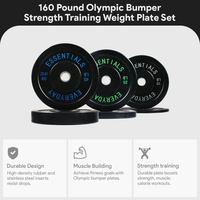 BalanceFrom Fitness 160 Pound Olympic Bumper Strength Training Weight Plate Set