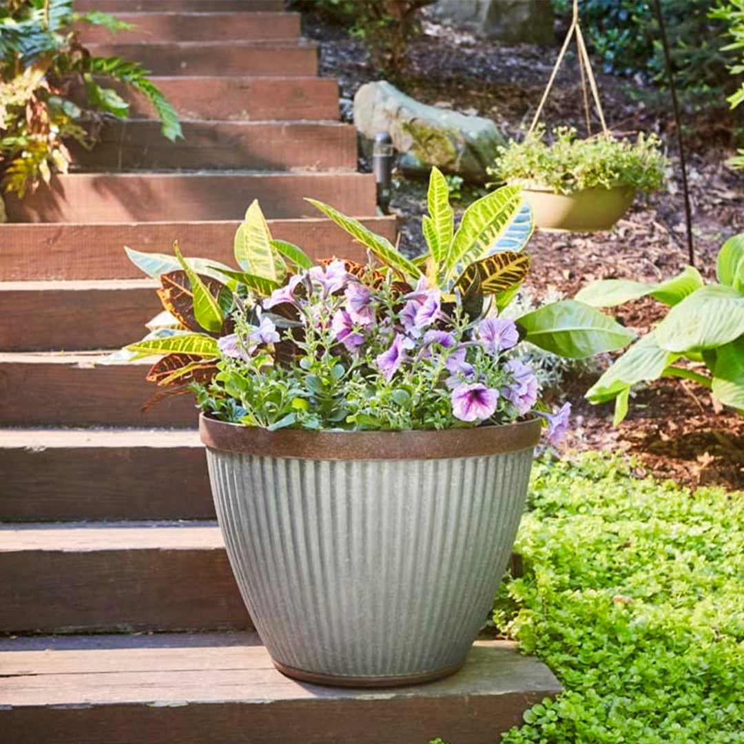 Southern Patio Westlake Collection 15" Rustic Round Pleated Planter, Silver - VMInnovations