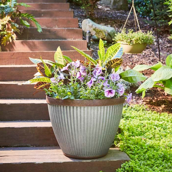 Southern Patio Westlake Collection 15" Rustic Round Pleated Planter, Silver - VMInnovations