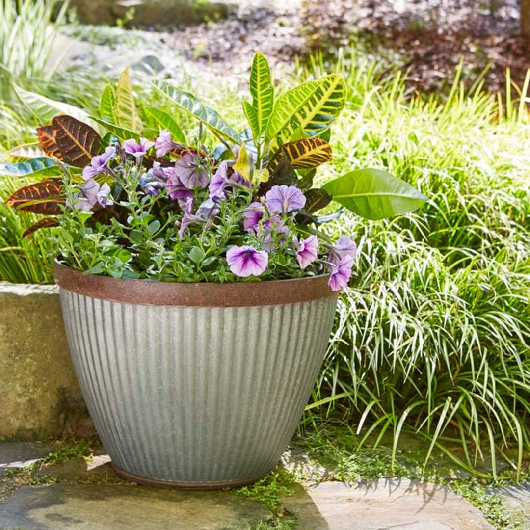 Southern Patio Westlake Collection 15" Rustic Round Pleated Planter, Silver - VMInnovations