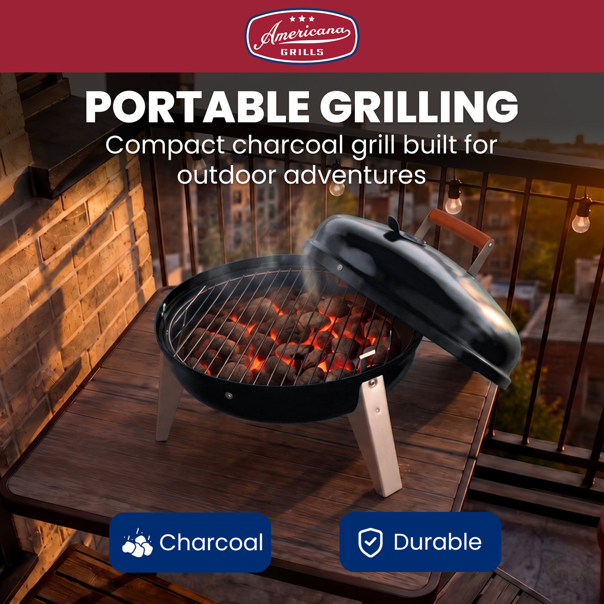 Americana Lock N Go Portable Charcoal Grill with Locking Hood & Bowl, Black