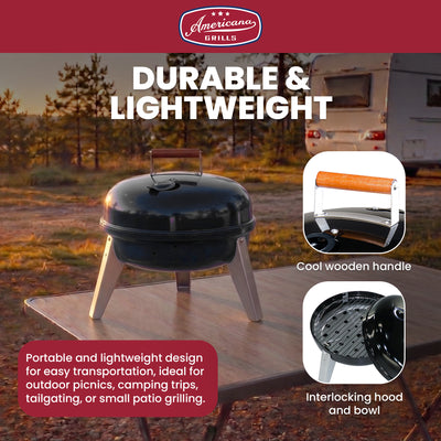 Americana Lock N Go Portable Charcoal Grill with Locking Hood & Bowl, Black