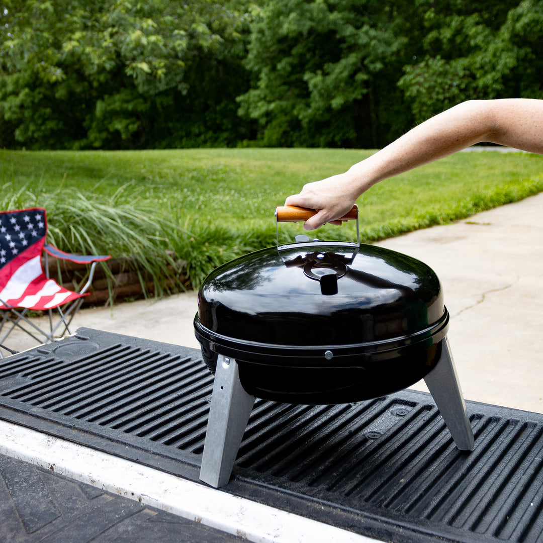 Americana Lock N Go Charcoal Grill  w/Locking Hood & Bowl, Black (Open Box) - VMInnovations