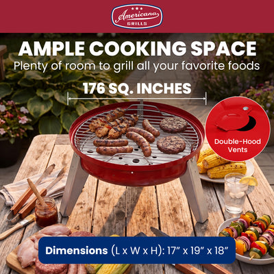 Americana Lock N Go Portable Charcoal Grill with Locking Hood and Bowl, Red