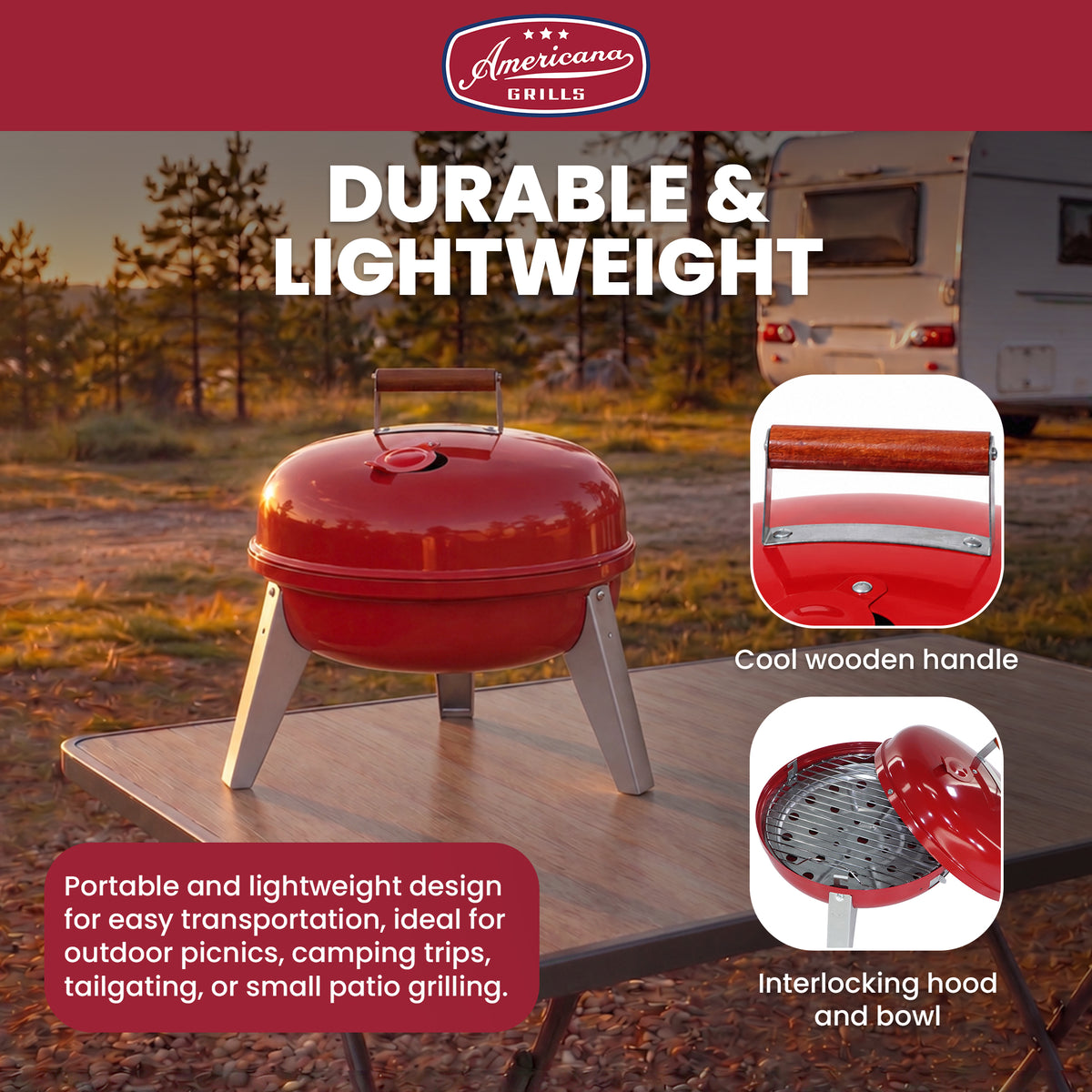 Americana Lock N Go Portable Charcoal Grill with Locking Hood and Bowl, Red