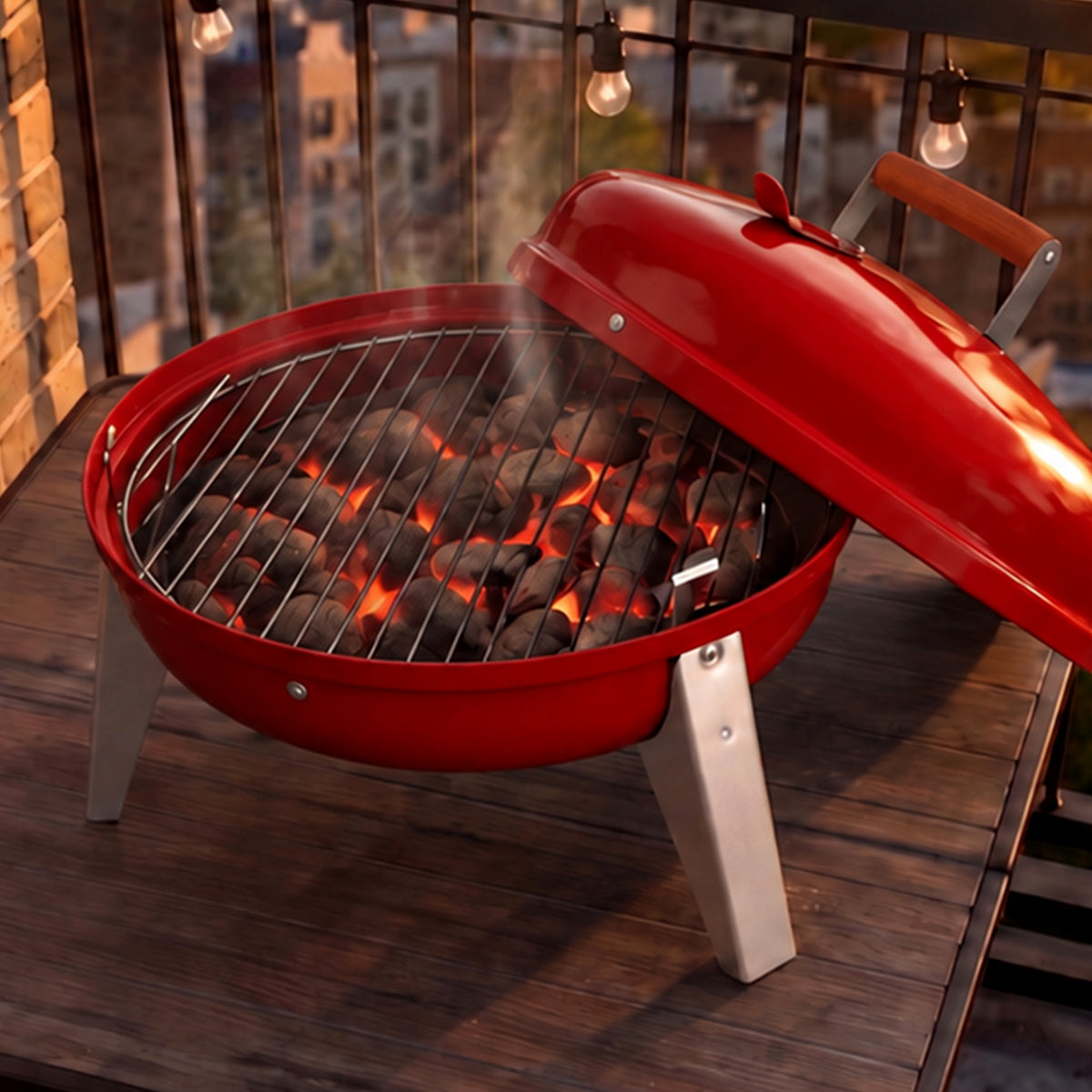 Americana Lock N Go Portable Charcoal Grill with Locking Hood and Bowl, Red