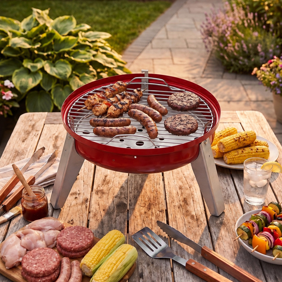 Americana Lock N Go Portable Charcoal Grill with Locking Hood and Bowl, Red