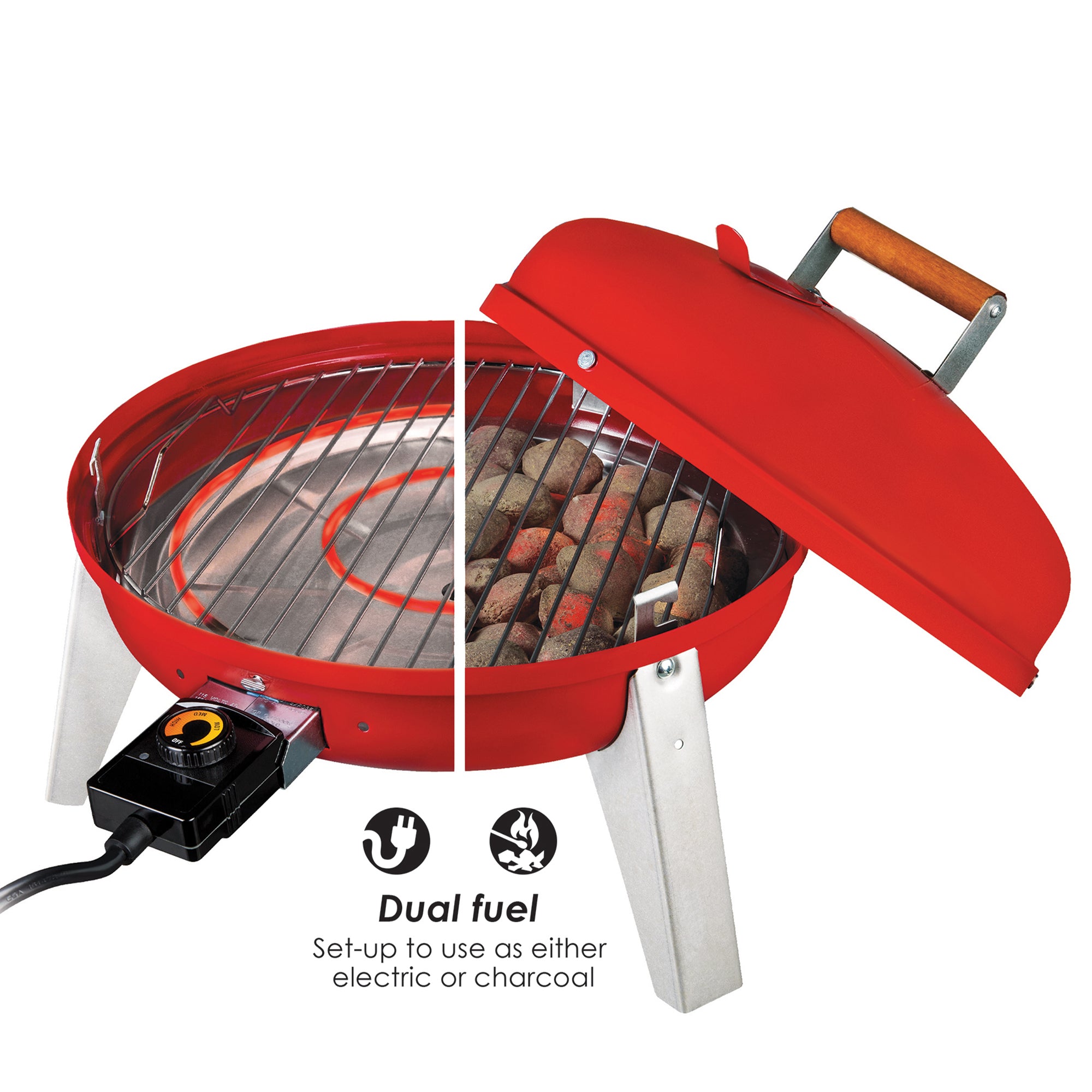 Americana Wherever Grill Dual-Fuel Portable Electric and Charcoal BBQ Grill, Red - VMInnovations