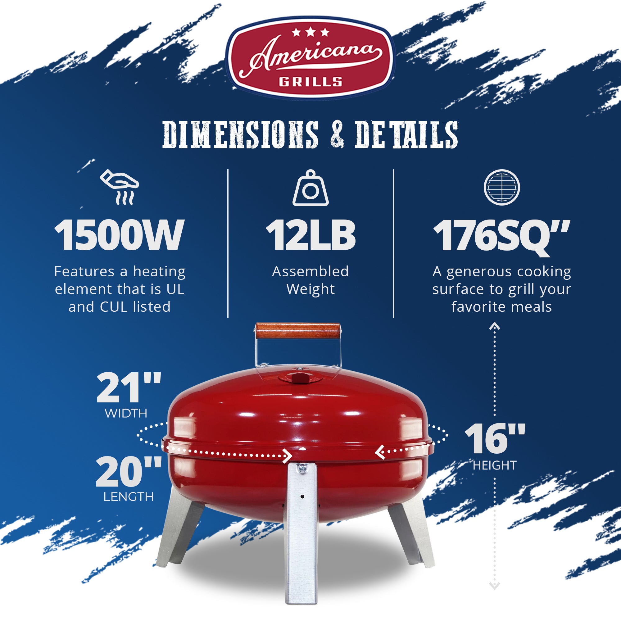 Americana Wherever Grill Dual-Fuel Portable Electric and Charcoal BBQ Grill, Red - VMInnovations
