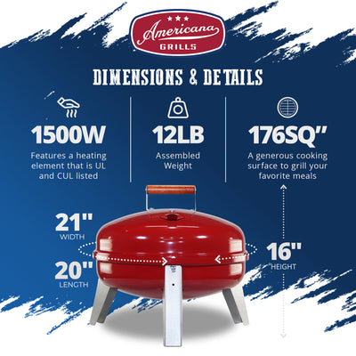 Americana Wherever Grill Dual-Fuel Portable Electric and Charcoal BBQ Grill, Red - VMInnovations