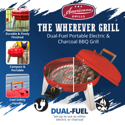 Americana Wherever Grill Dual-Fuel Portable Electric and Charcoal BBQ Grill, Red - VMInnovations