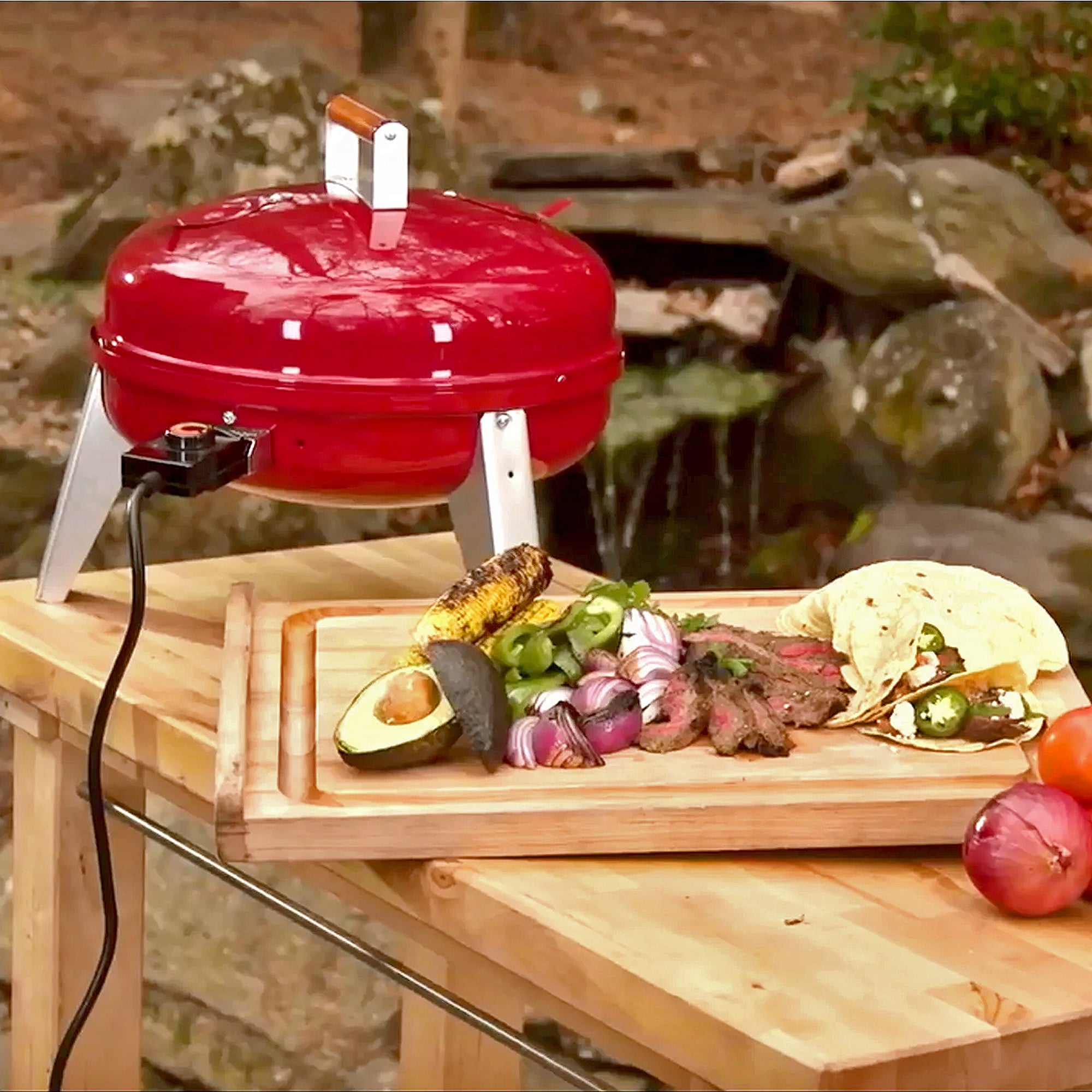 Americana Wherever Grill Dual-Fuel Portable Electric and Charcoal BBQ Grill, Red - VMInnovations