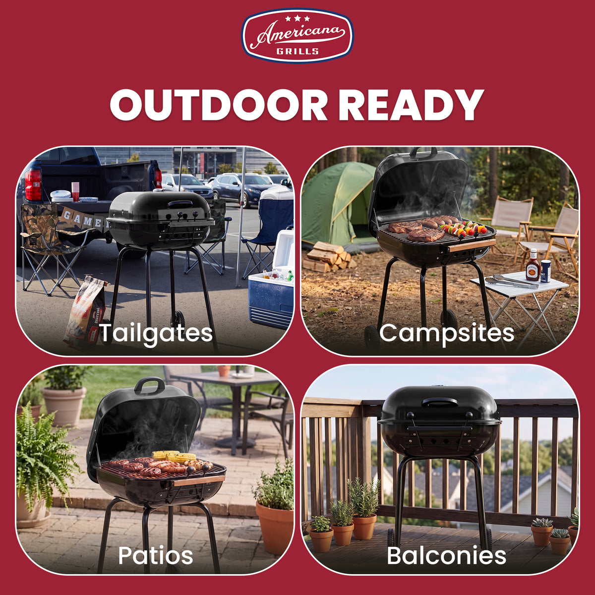 MECO Americana Swinger Wheeled Charcoal Grill, Side Tables & Bottom Shelf, Black