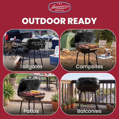MECO Americana Swinger Wheeled Charcoal Grill, Side Tables & Bottom Shelf, Black