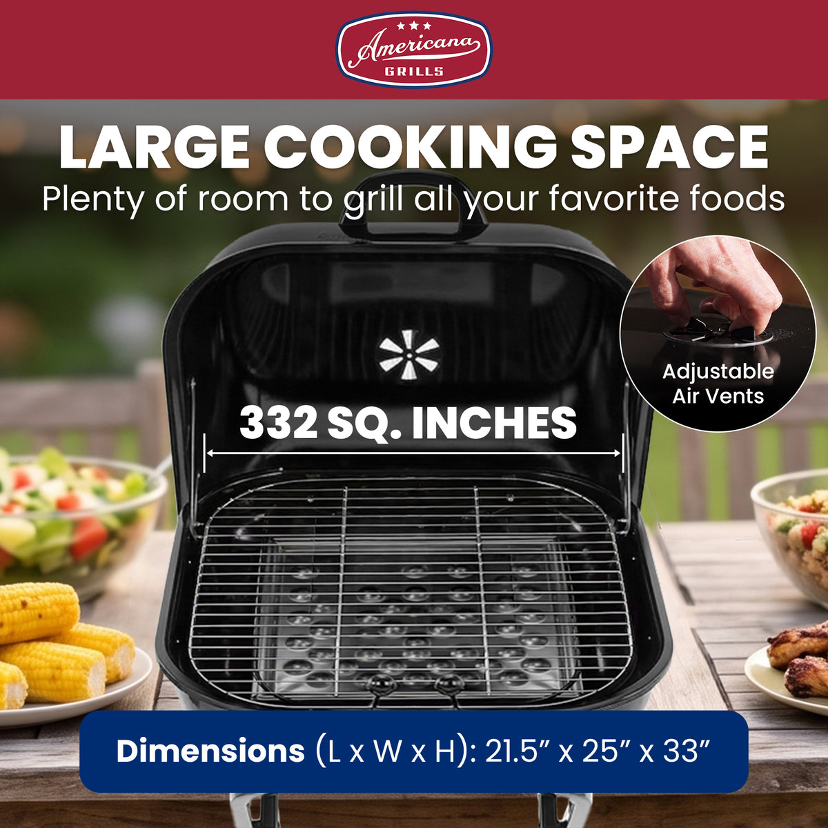 MECO Americana Swinger Wheeled Charcoal Grill, Side Tables & Bottom Shelf, Black