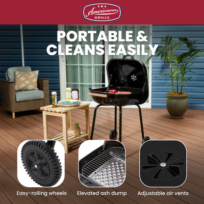 MECO Americana Swinger Wheeled Charcoal Grill, Side Tables & Bottom Shelf, Black