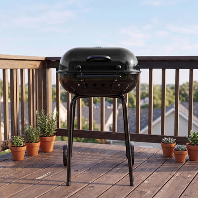 MECO Americana Swinger Wheeled Charcoal Grill, Side Tables & Bottom Shelf, Black