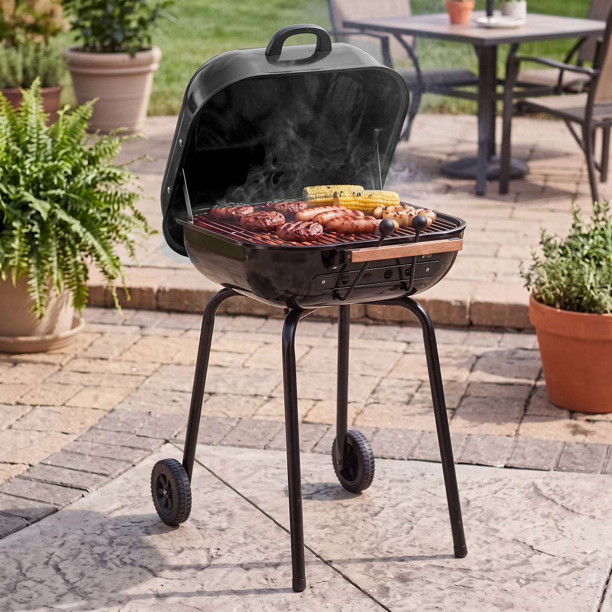 MECO Americana Swinger Wheeled Charcoal Grill, Side Tables & Bottom Shelf, Black