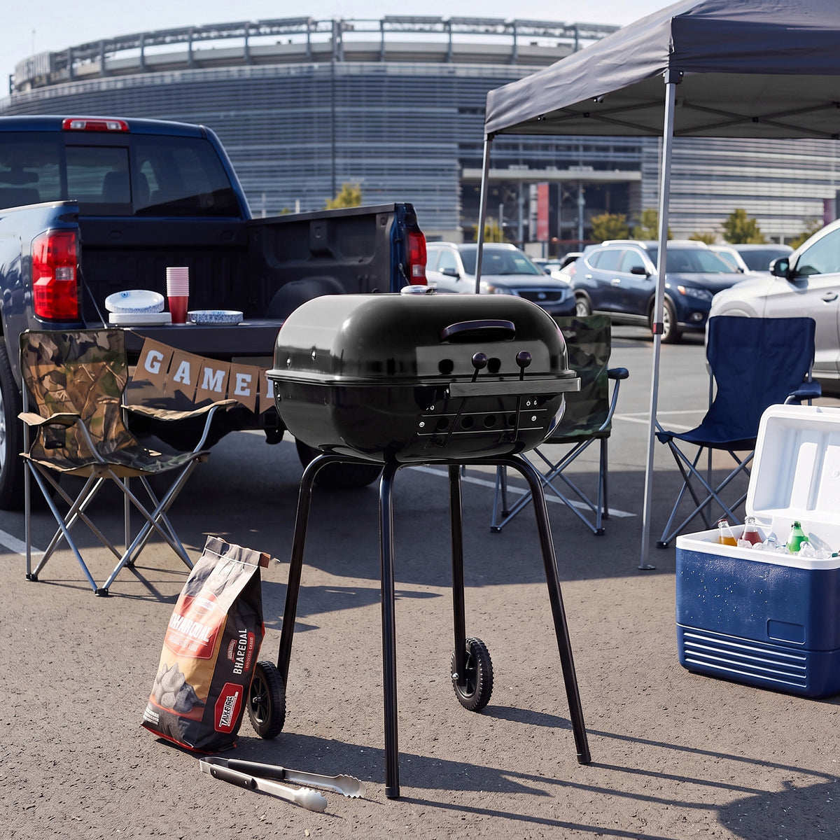 MECO Americana Swinger Wheeled Charcoal Grill, Side Tables & Bottom Shelf, Black