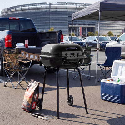 MECO Americana Swinger Wheeled Charcoal Grill, Side Tables & Bottom Shelf, Black