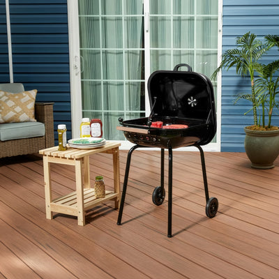 MECO Americana Swinger Wheeled Charcoal Grill, Side Tables & Bottom Shelf, Black