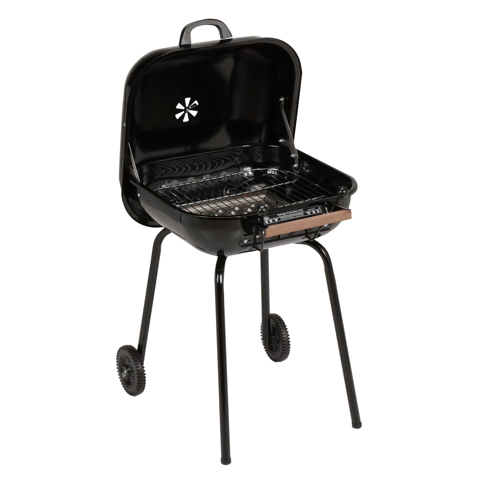 MECO Americana Swinger Wheeled Charcoal Grill, Side Tables & Bottom Shelf, Black - VMInnovations