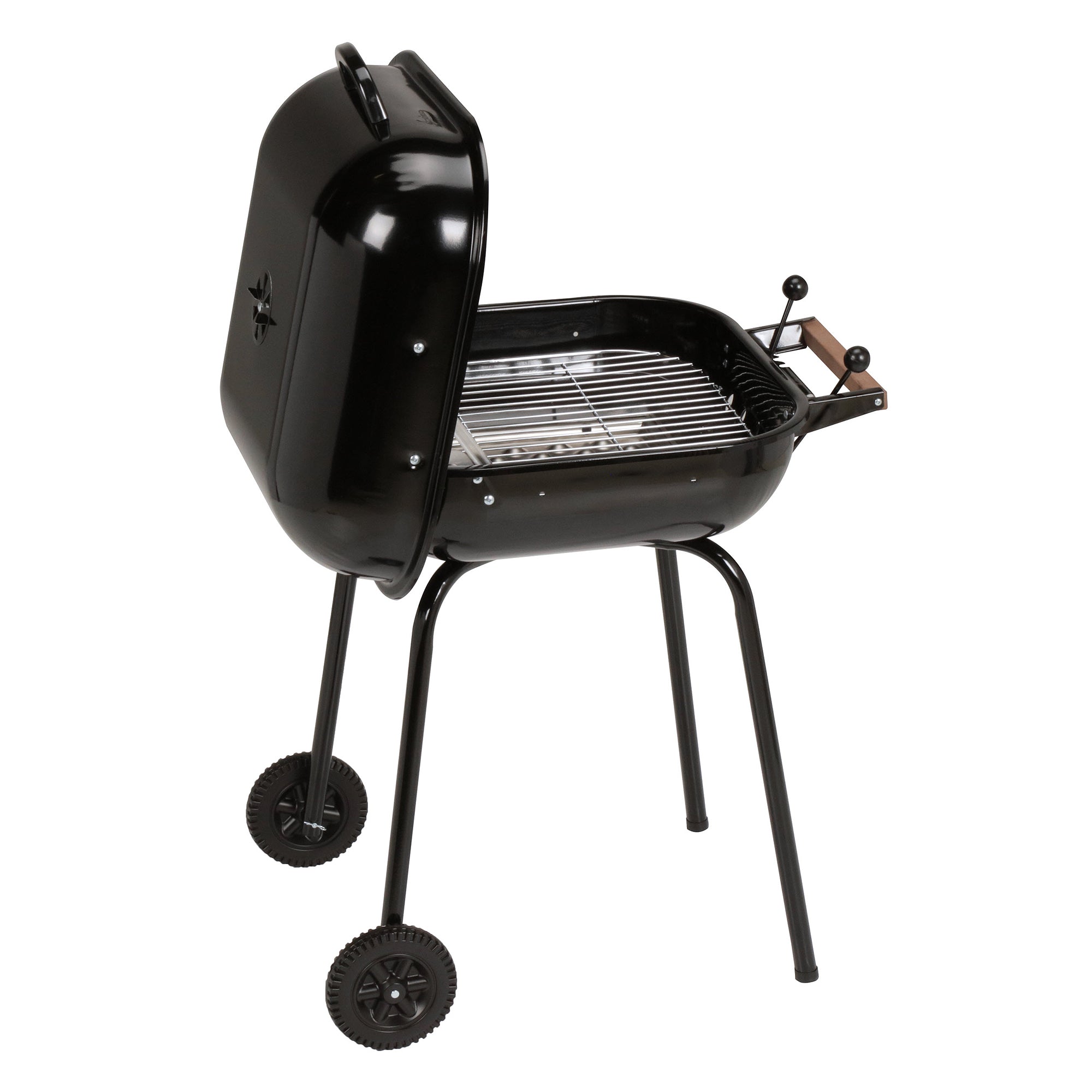 MECO Americana Swinger Wheeled Charcoal Grill, Side Tables & Bottom Shelf, Black - VMInnovations