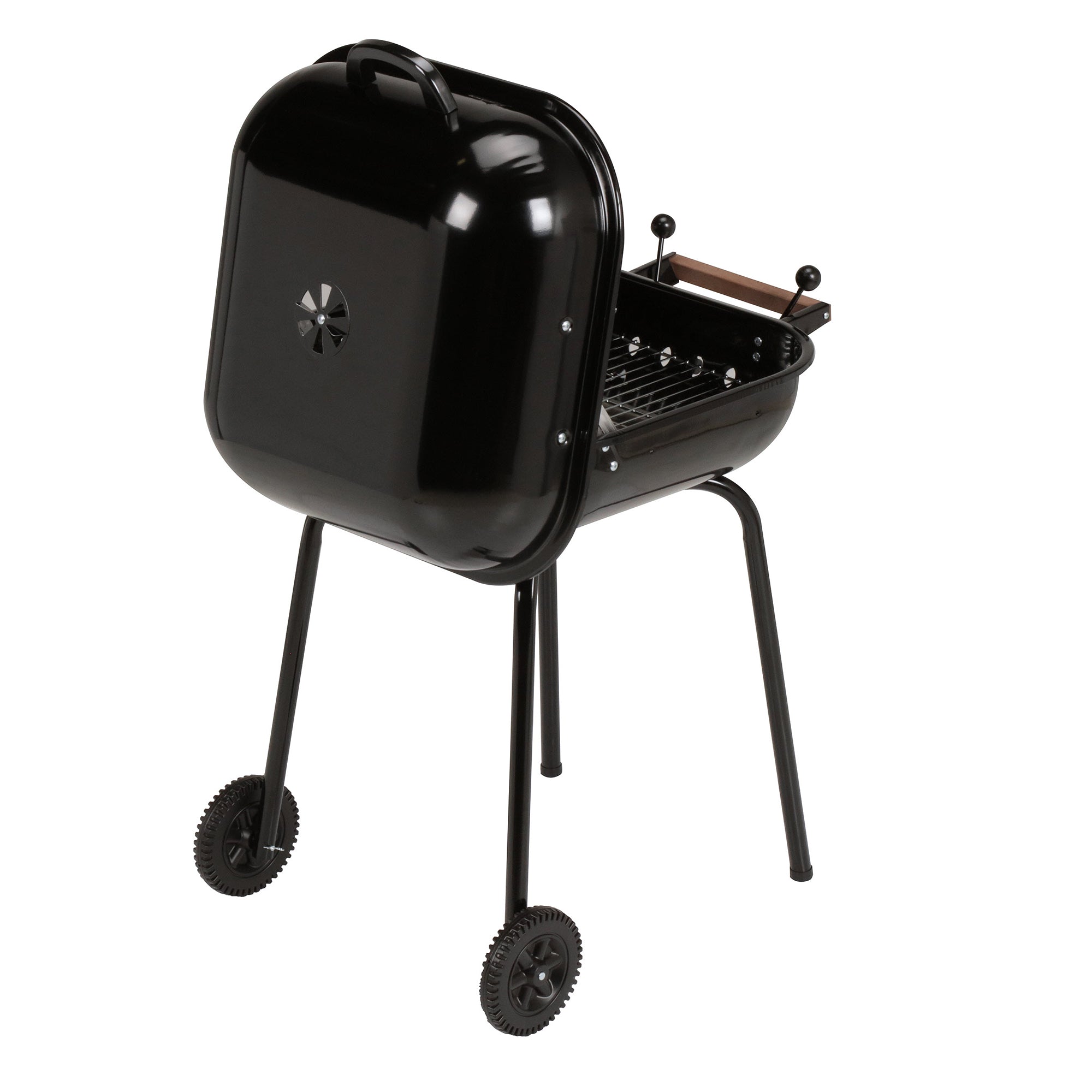 MECO Americana Swinger Wheeled Charcoal Grill, Side Tables & Bottom Shelf, Black - VMInnovations