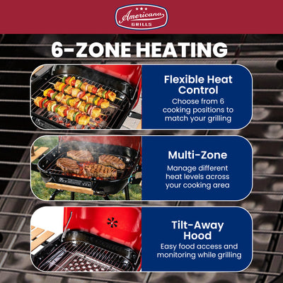 MECO Americana Swinger Wheeled Charcoal Grill w/Side Tables & Bottom Shelf, Red