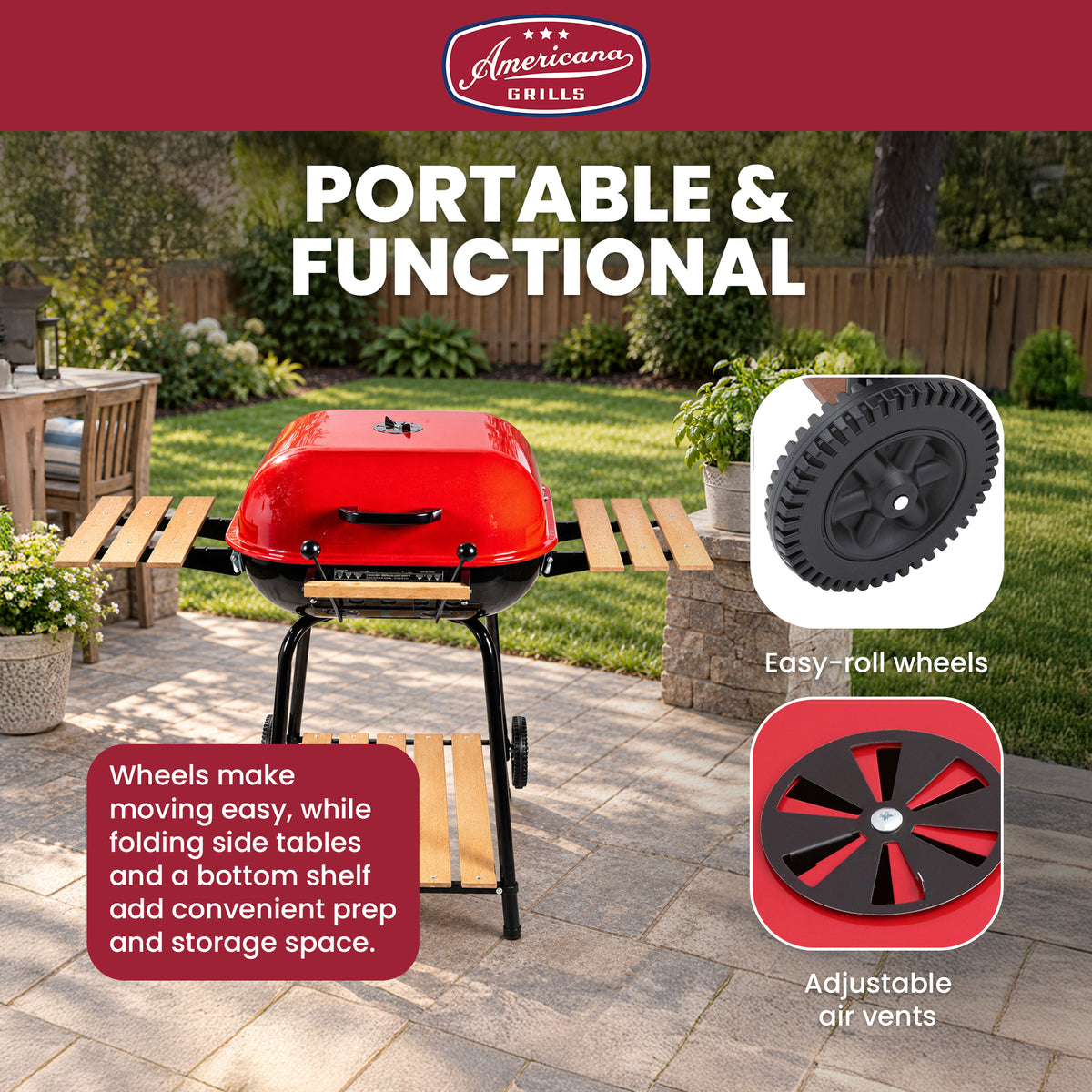 MECO Americana Swinger Wheeled Charcoal Grill w/Side Tables & Bottom Shelf, Red