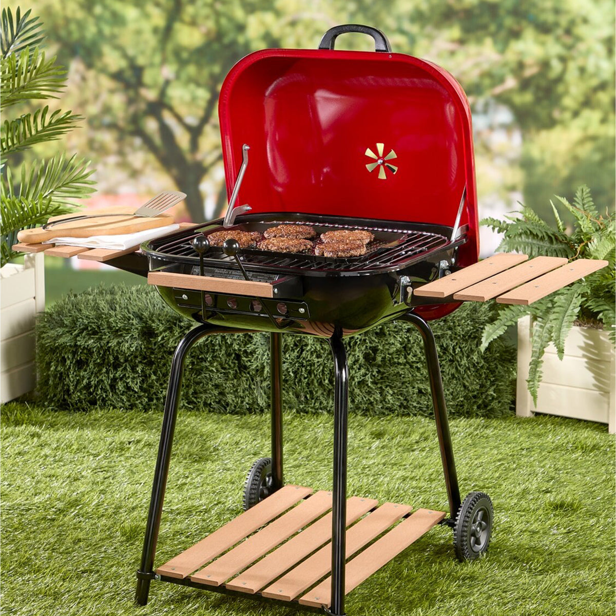 MECO Americana Swinger Wheeled Charcoal Grill w/Side Tables & Bottom Shelf, Red