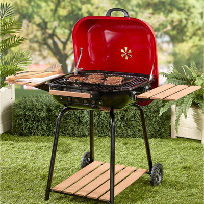 MECO Americana Swinger Wheeled Charcoal Grill w/Side Tables & Bottom Shelf, Red