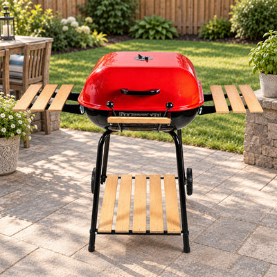 MECO Americana Swinger Wheeled Charcoal Grill w/Side Tables & Bottom Shelf, Red
