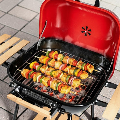 MECO Americana Swinger Wheeled Charcoal Grill w/Side Tables & Bottom Shelf, Red