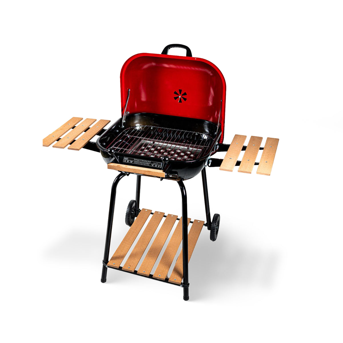 MECO Americana Swinger Wheeled Charcoal Grill w/Side Tables & Bottom Shelf, Red