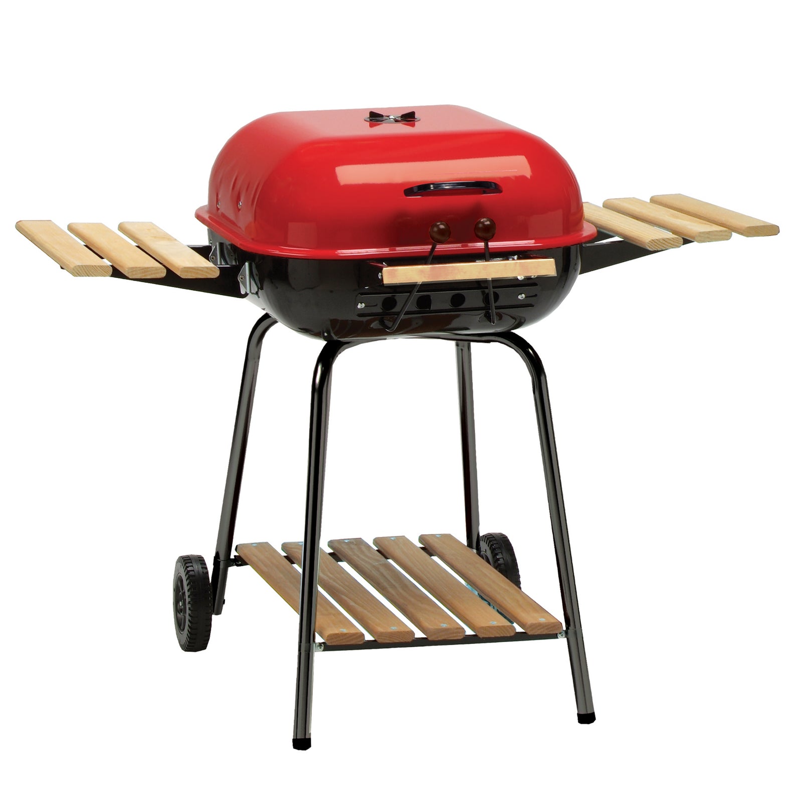 MECO Americana Swinger Wheeled Charcoal Grill w/Side Tables & Bottom Shelf, Red - VMInnovations
