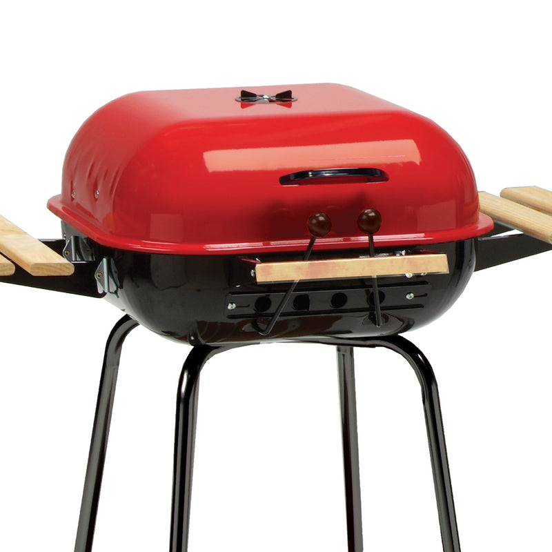 MECO Americana Swinger Wheeled Charcoal Grill w/Side Tables & Bottom Shelf, Red