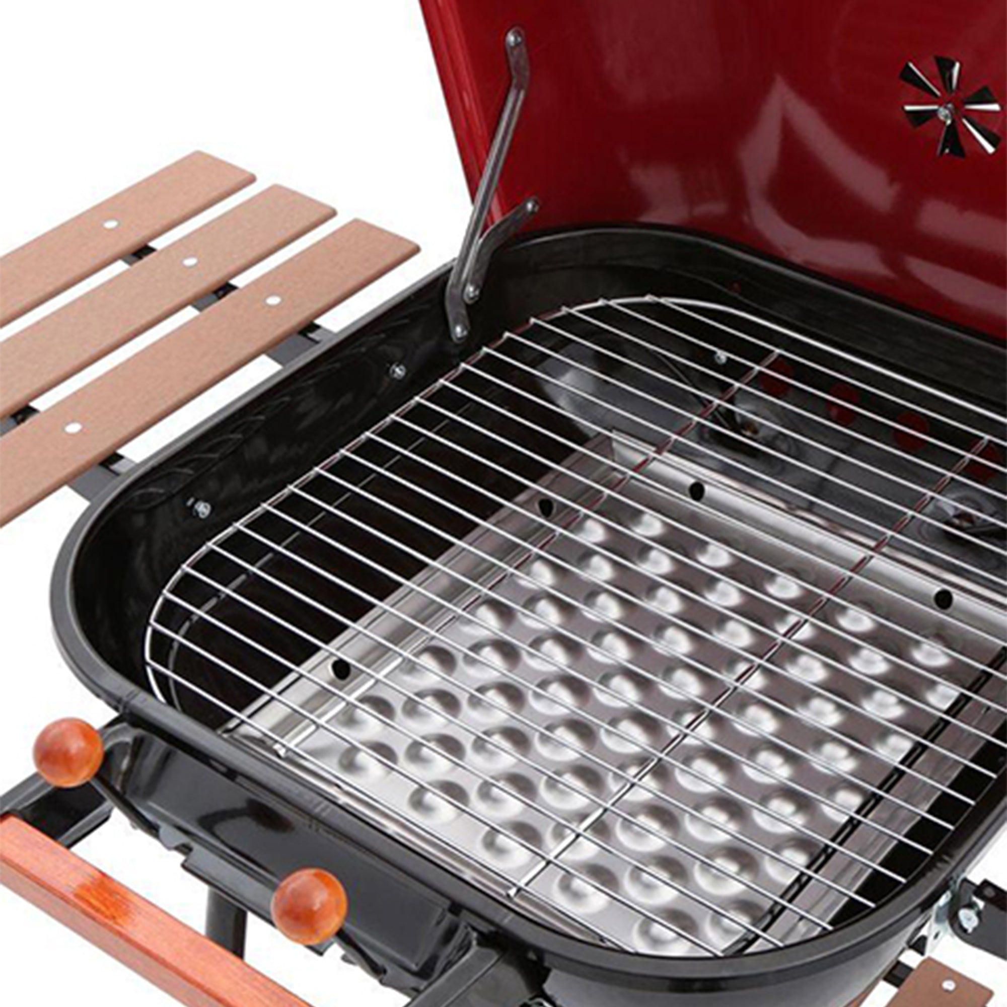 MECO Americana Swinger Wheeled Charcoal Grill w/Side Tables & Bottom Shelf, Red - VMInnovations